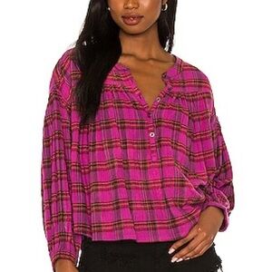Free People Women's Jessi Plaid Top (XSL, Pink Combo)